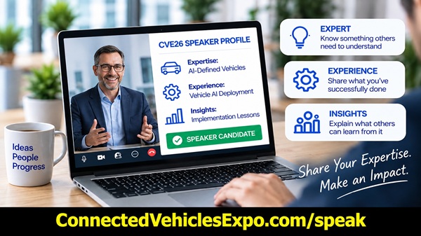 Expert presenting virtually through a laptop at Connected Vehicles Expo 2026 (CVE26).