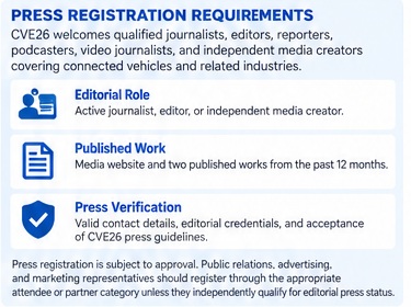 Connected Vehicles Expo Press Registration Requirements